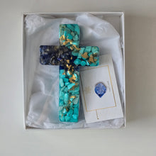 Load image into Gallery viewer, Lapis Lazuli & Aquamarine Resin Cross with Gold Accent – A Perfect Gift for Christmas