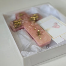 Load image into Gallery viewer, Rose Quartz Resin Cross with Gold Accent – A Luxurious Christmas Gift